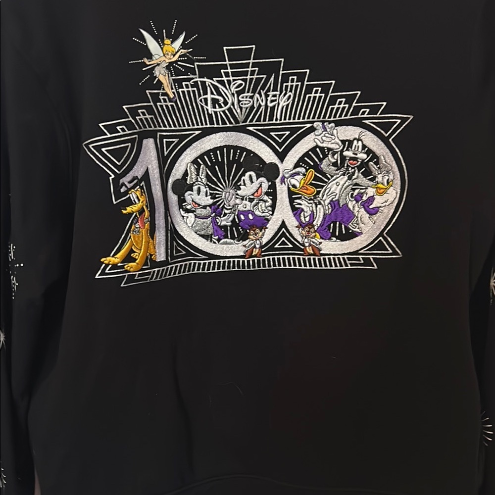 Disney Parks 100 Zip up hoodie with embroidered Characters and Silver Sparkles